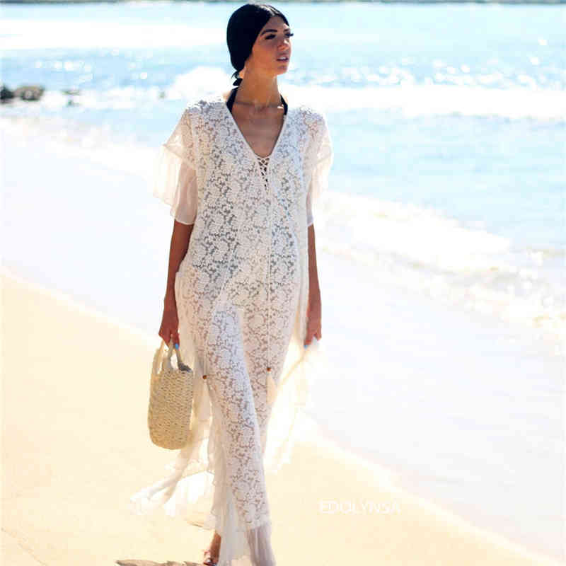 Arrival Bikini Cover-ups White Lace Tunic Sexy V-neck Plus Size Women Summer Dress Beach Wear Swim Suit Cover Up Q1254 210420