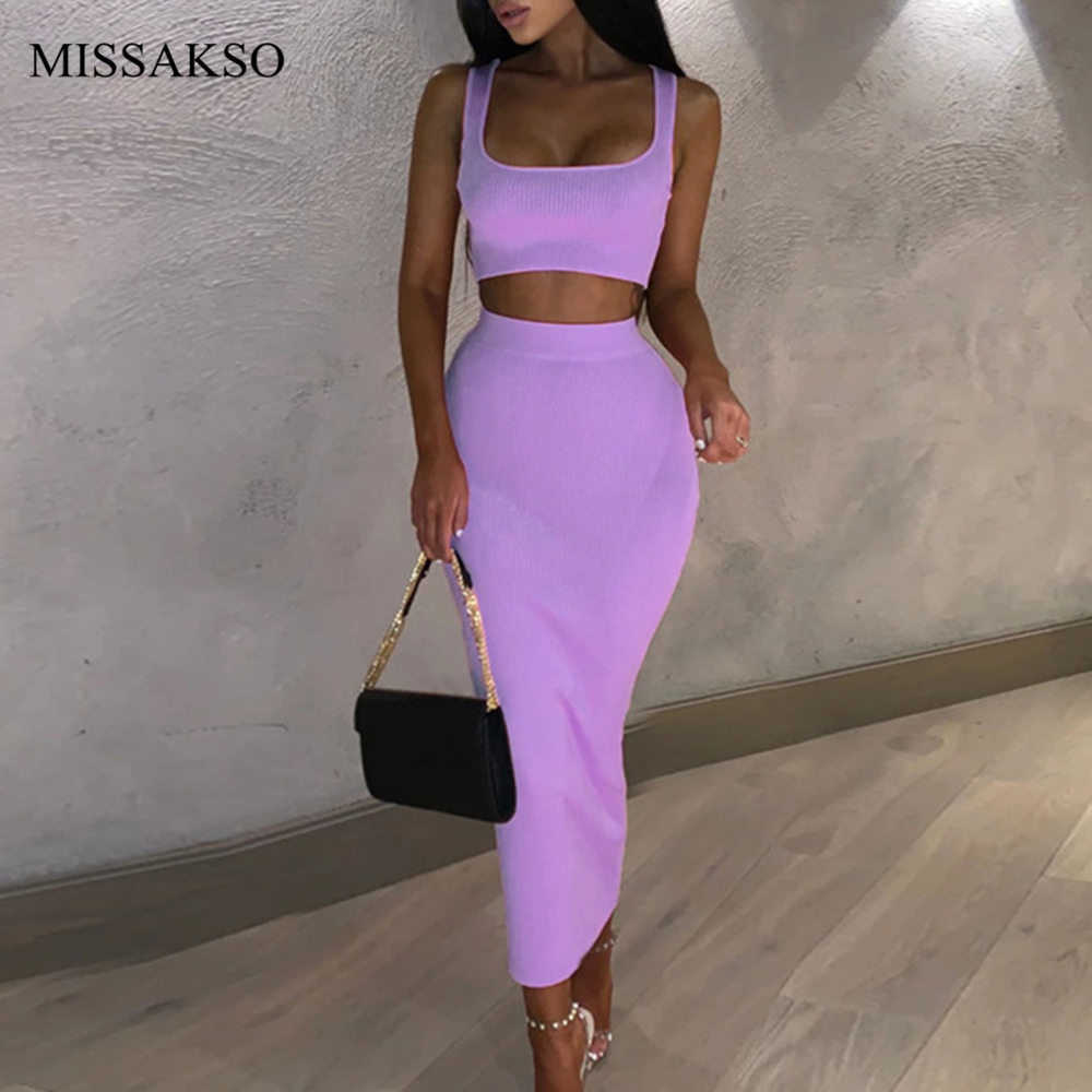 Missakso Two Piece Set Midi Dress Sleeveless Tank Club Fashion Party Summer Women Ribbed Dresses Neon Green Orange Pink 210623
