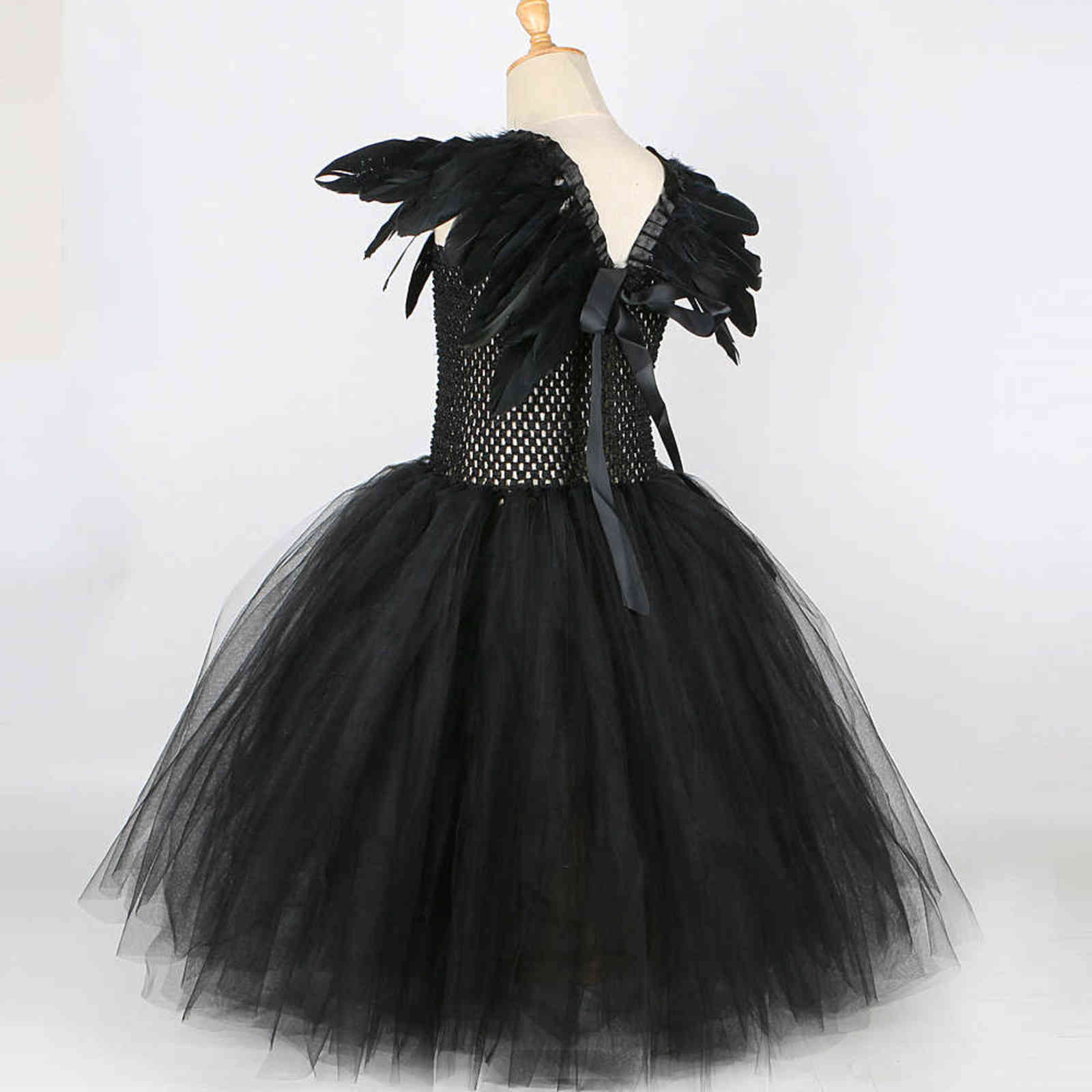 Black Feather Halloween Costumes for Girls Kids Evil Queen Long Tutu Dress with Horns Wings Villian Witch Cosplay Outfit Set 211130