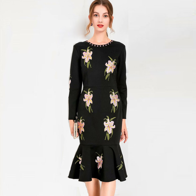 Women' Dresses O Neck Long Sleeves Embroidery Beaded Rhinestones Ruffles Mermaid Dress Vestidos, Black
Women' Dresses O Neck Long Sleeves Embroidery Beaded Rhinestones Ruffles Mermaid Dress Vestidos, Black