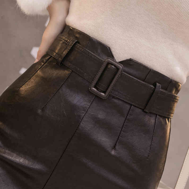 Autumn Winter OL Elegant Pencil Mini Skirts High Waist Black PU Leather Knee-length A-Line with Belt Female 10760 210518
