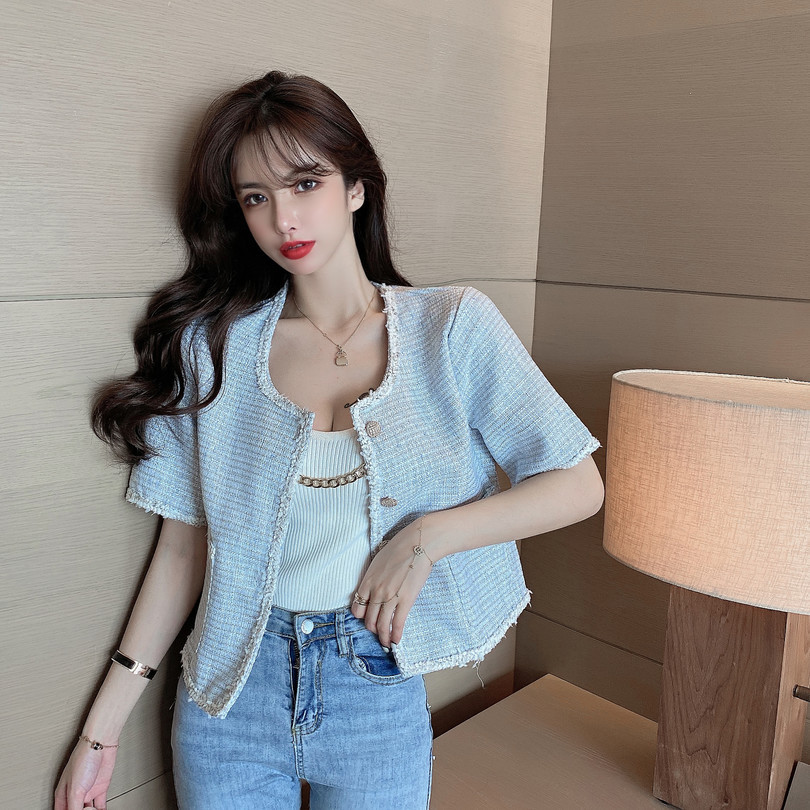 Korean Summer Women Single-breasted Tweed Cardigan Coat Elegant Vintage Round Neck Short Sleeve Casual Outwear 210519