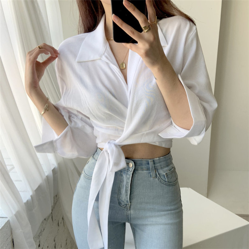 Korean Lady Arrival Solid All Match Stylish Women Shirts Streetwear High Quality Spring Tops Loose Lace-Up Clothe 210421
