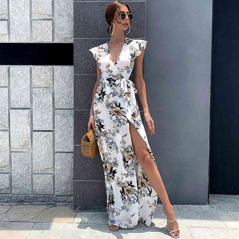 Women Dress V-neck Bandage Bohemian Dresses For Plus Size Sexy Long Flowers Girls Summer Fashion 210513