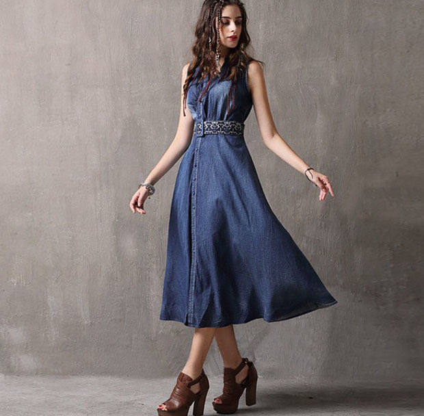 elegant v-neck denim single breasted dress femmal casual daily maxi dresses with belt summervestidos chic plus size 2XL 210421