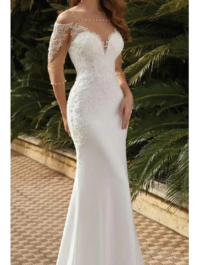 Sexy See-Through Mermaid Wedding Dresses Square Pearls Sweep Train Lace Satin Tulle Half Sleeve Bridal Gown Vestidos De Novia Custom Made 2022