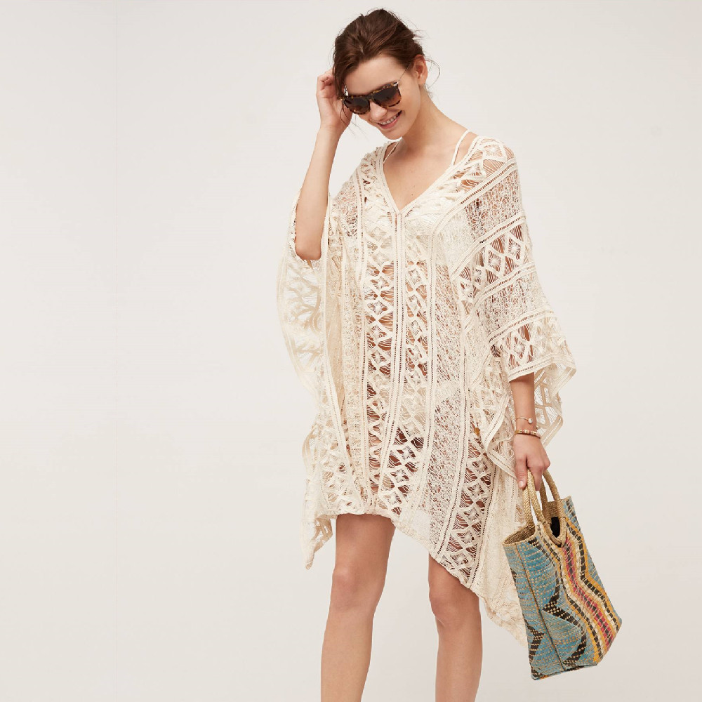 Sexy Hollow Out Bats Sleeve Summer Dress Beach Cover Up Plus Size Women Beachwear White Lace Tunic Bikini Cover-ups Q889 210420