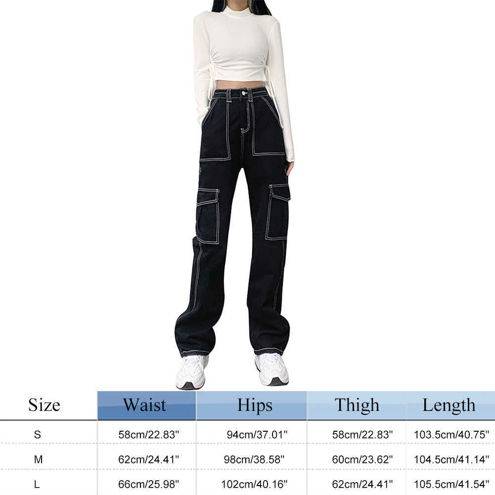 Harajuku Y2K Multi Pockets Patchwork Baggy High Waist Jeans Streetwear 100% Cotton Women Denim Trouser Loose Pants Punk 210922