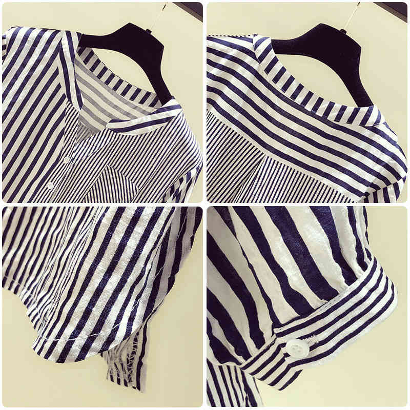 Arrival Spring Korea Fashion Women 3/4 Sleeve Casual V-neck Shirts All-matched Loose Striped Blouses Ladies Tops S89 210512