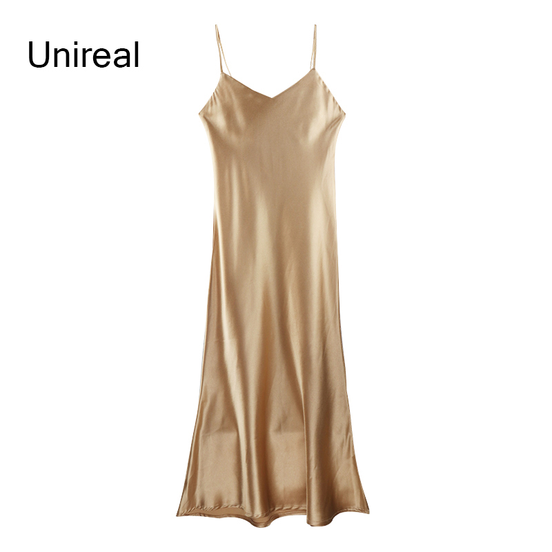 Unireal Summer Women Satin Slip Dress Spaghetti Strap Gold Black Silk Sexy Long Mermaid Party Dress 210409