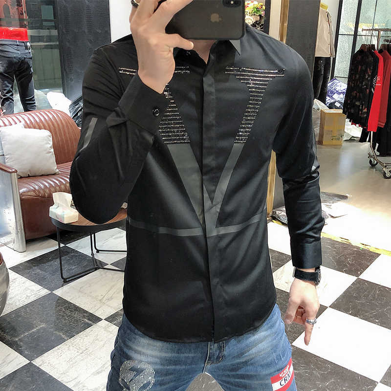 Letter Shirts Men Long Sleeve Business Casual Dress Shirt Slim Streetwear Social Nightclub Chemise Homme 210721