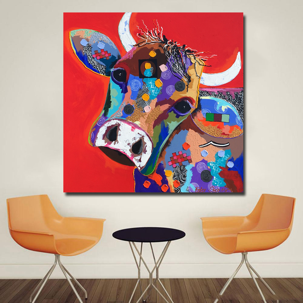 Cartoon Painted Large size printed Canvas Paintings red Cow Oil Paintings Modern Decoration Wall Art Living Room Decor Pictures