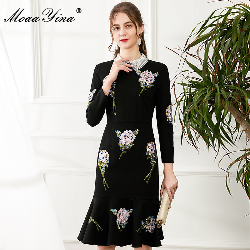 Spring Women Dress Beaded turn-down collar Rose Embroidery drilling Black Slim Package hip Elegant Mermaid Dresses 210524