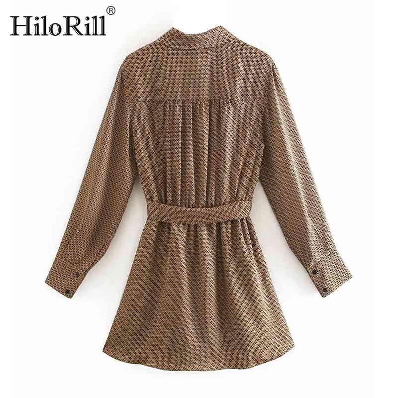 Lady Elegant Geometric Print Shirt Dress Long Sleeve Office Wear Bandage Pleated Chic Sundress Robe Femme 210508