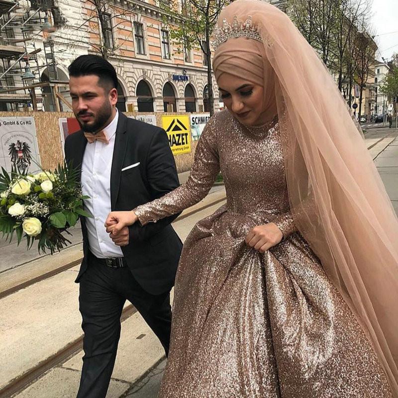 Gold Arabic Rose Sequine Plus Size Muslim High Neck Sleeve Dubai Long Bridal Wedding Dress Vestido De Novia Custom Made