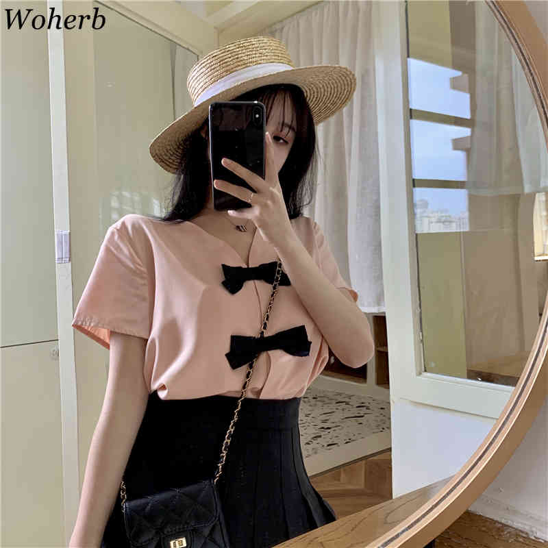 T Shirt Women Spring Summer Bow Patch Korean Fashion Solid Short Sleeve Pink T-shirts Sweet Tops Ropa Mujer 210519