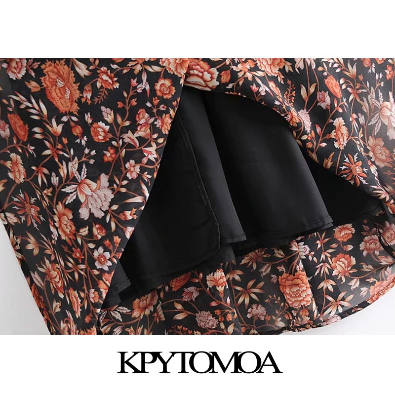 Women Chic Fashion Floral Print Pleated Midi Dress Puff Sleeve With Lining Female Dresses Vestidos Mujer 210420