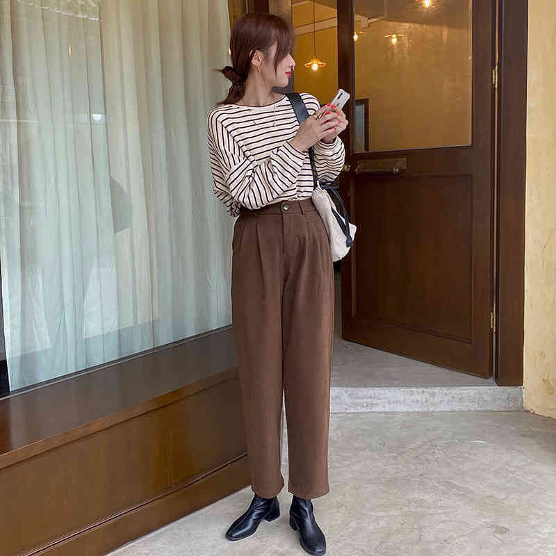 Korean High Waist Woolen OL Elegant Women Solid Plus Casual Loose-fitting Straight Pants Female Trousers 210421