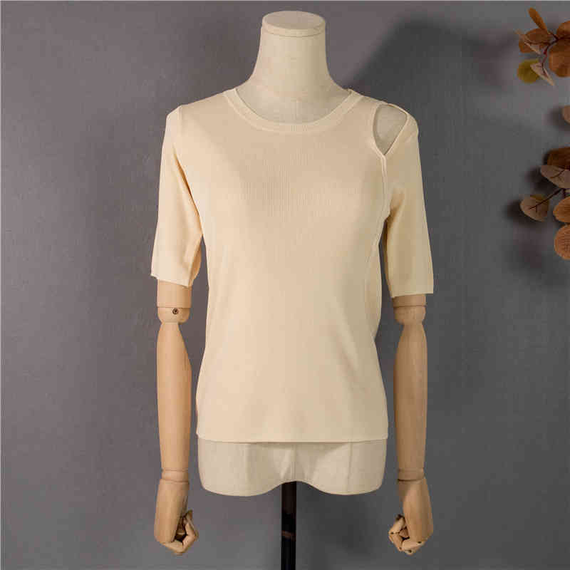 Shoulder Open Hollow Knitted T Shirt Women Summer Short Sleeve O-neck Tops Tees Korean Fashion Solid Female T-shirt Femme 210514