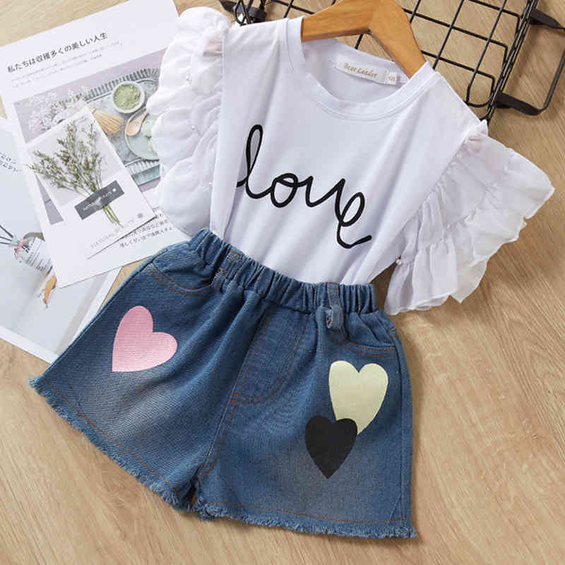 Girls Clothing Sets Summer Short T-shirt+Love Print Pants 2Pcs for Kids Baby Clothes 210429