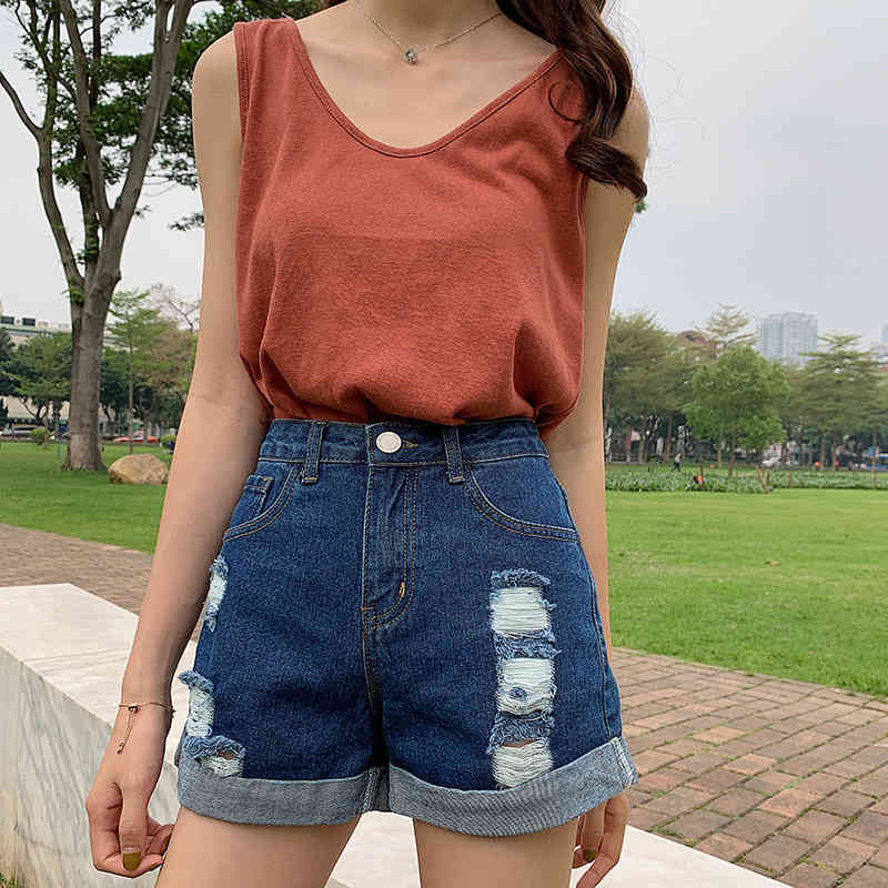 Summer Blue Vintage Casual Short Jeans Ladies High-Waist Crimping Denim Shorts Korean Hole Wild Pants Women 9354 50 210415