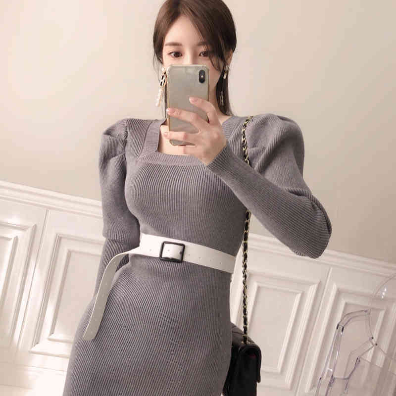 Winter Korean Style Slim Temperament Long Knitted Sweater Dresses Square Neck Sexy Split Puff Sleeve Vestido Da Festa 210520