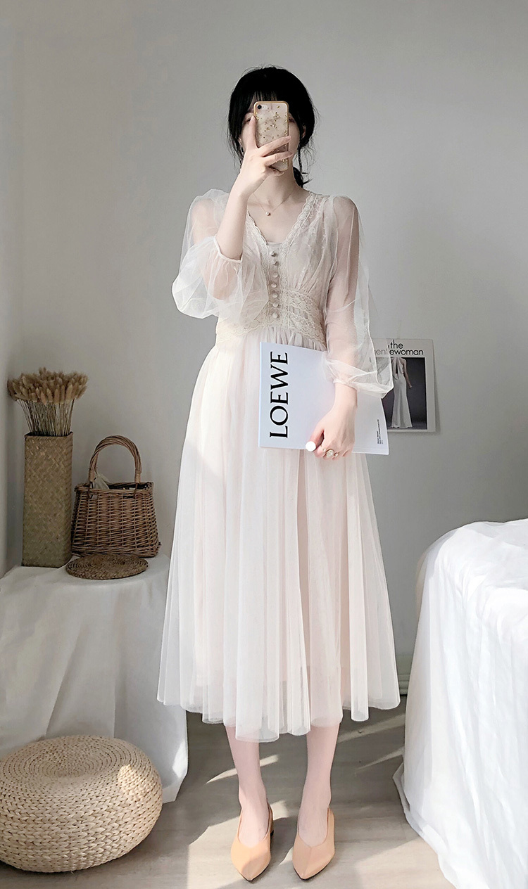 Spring Elegant Lace V-Neck Long Puff Sleeve Dress Vintage High Waist Mesh Sweet Boho Robe 210519