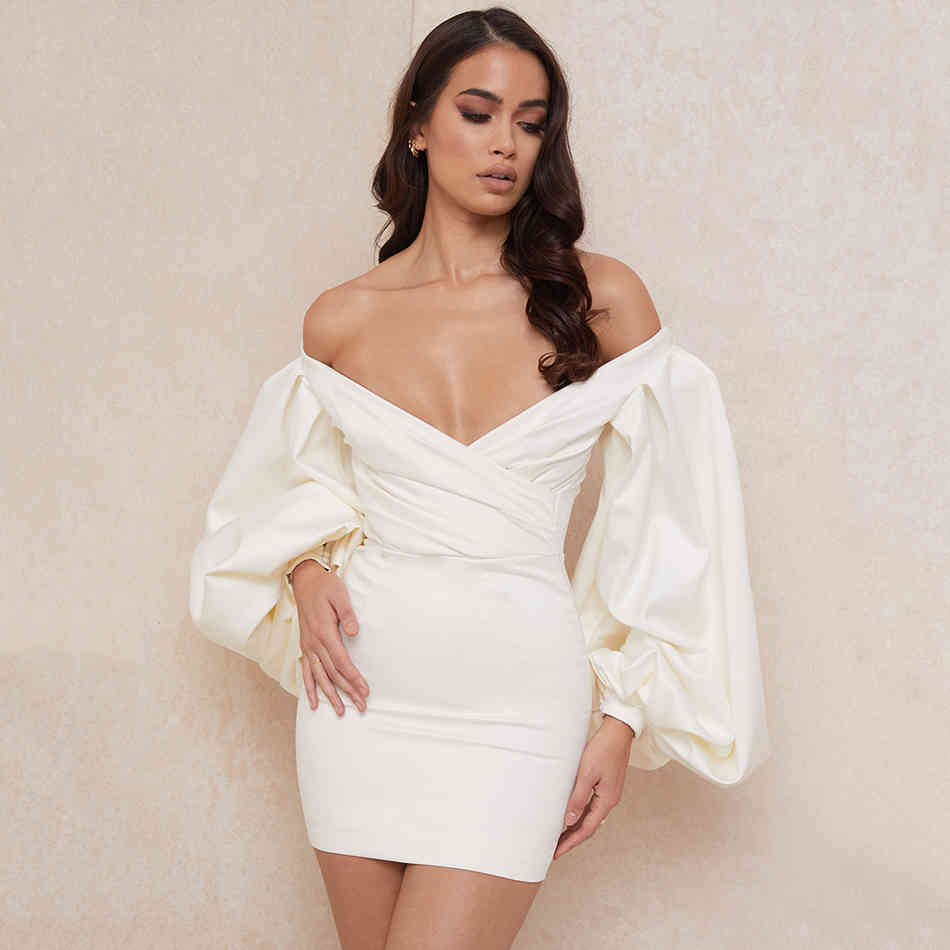 Free Women Satin Dress Sexy V-neck Lantern Sleeve Bodycon Strapless Celebrity C Club Party Mini Vestidos 210524