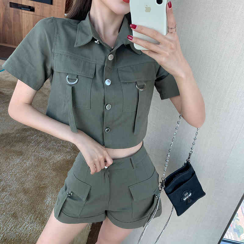 2 Piece Set Summer Women Casual Fashion Solid Color Lapel Short Sleeve Blouse Tops + High Waist Shorts Female 210519