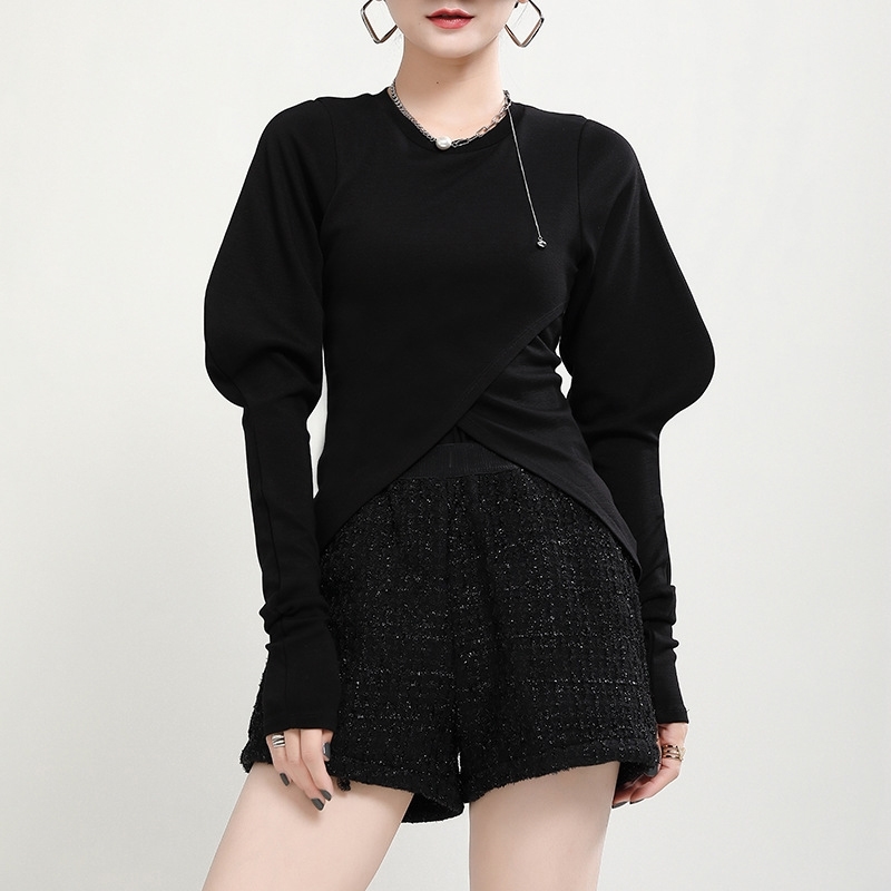 [EAM] Women Shaped Irregular Tight T-shirt New Round Neck Puff Long Sleeve Fashion Tide Spring Autumn 1DD2529 210406