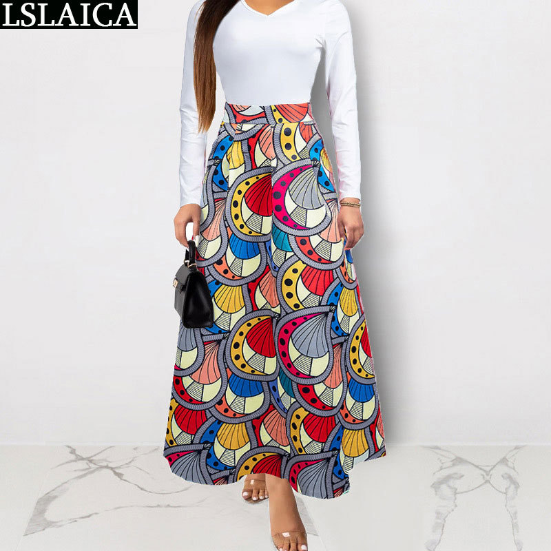 Fashion iridescent long skirt high waist plus size S-2XL print casual elegant wild women s beach holiday ladies 210520