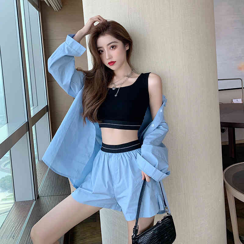 est Women's Fashion 3 Piece Set Casual Long Sleeve Blouses + Sexy Black Vest Crop tops Short Suits 210519