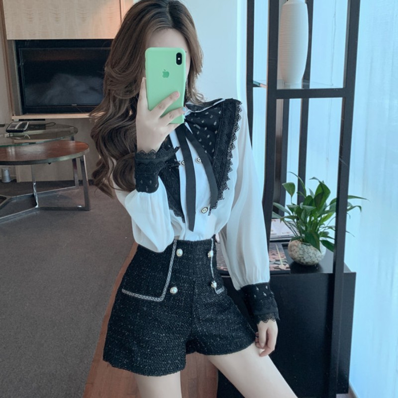 High Quality Spring Women Office Wear Two Piece suit Bow tie chiffon Perspective Long Sleeve Blouse+Tweed short pants set 210519