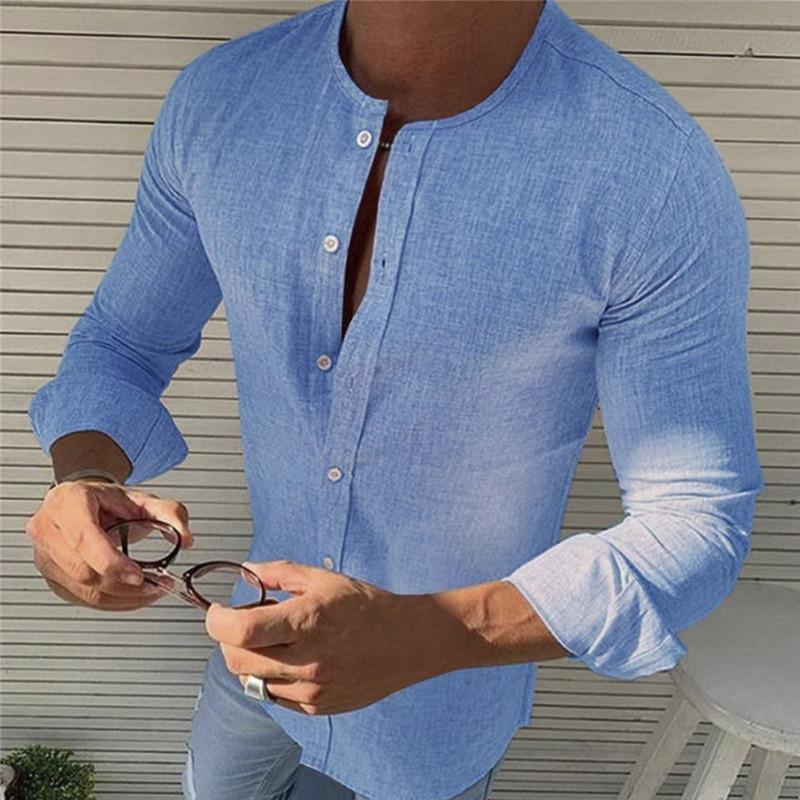 Fashion Men's Long Sleeve Spring Summer Collarless Full Sleeves Solid Color Single Breasted Slim Fit Comfortable Work Shirts Casual