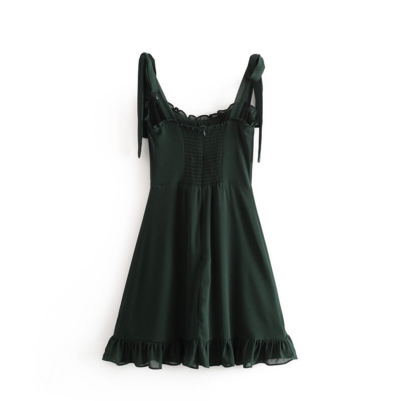 Summer Plain Green Color Women Sling Dress Ruffles hem Tie Bow Strap Sleeveless Mini Sexy Beach Holiday Vintage 210429