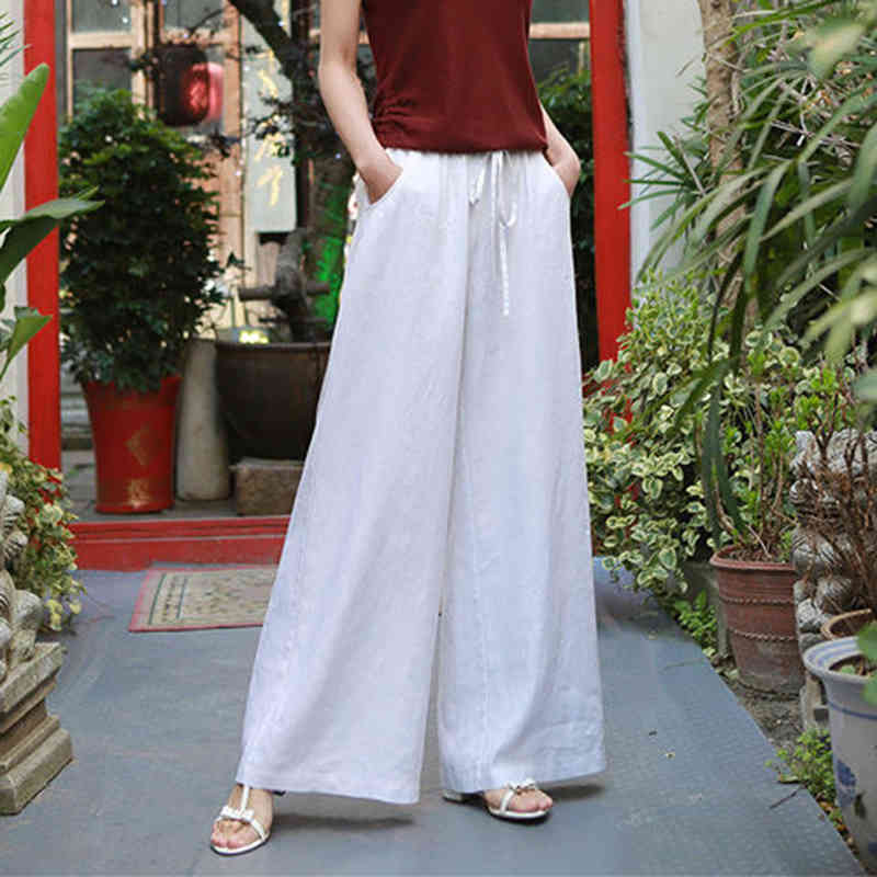 Spring Summer Arts Style Women High Waist Wide Leg Pants 100% linen Loose Casual Top quality Trausers S671 210512