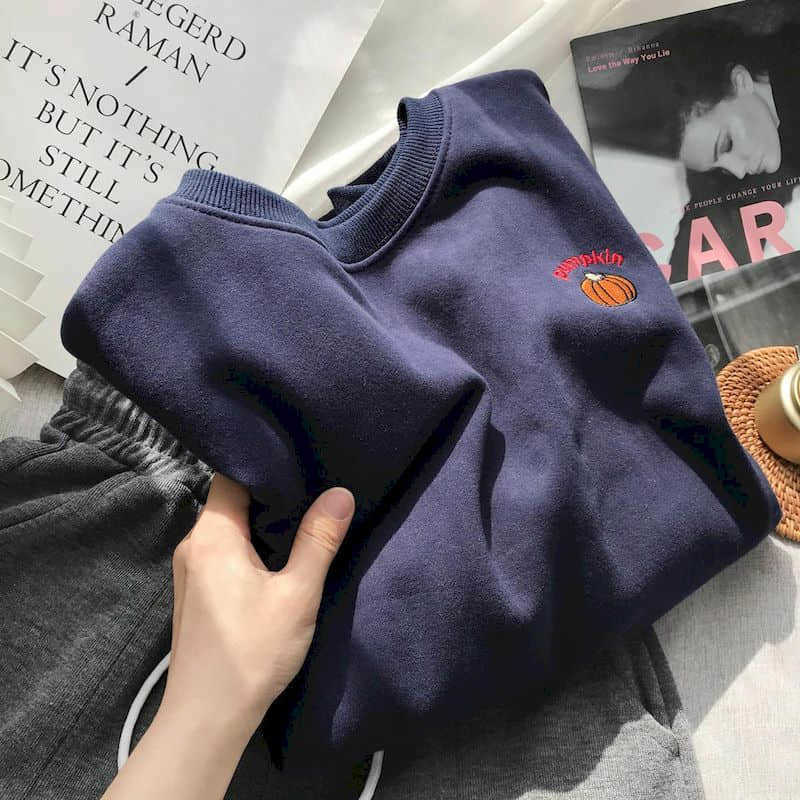 Sweatshirt Spring autumn Korean preppy small pumpkin embroidery O-neck shirt men women plus velvet thickening outer loose tops 210927