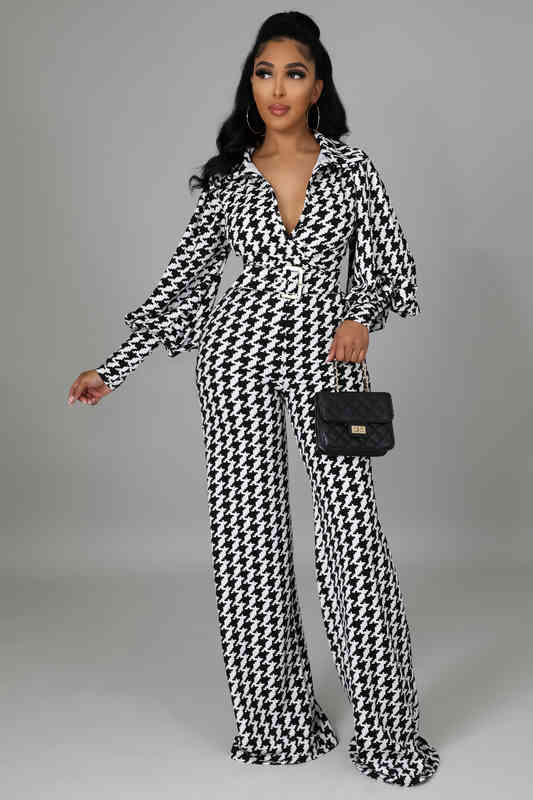 Ladies Printed Lantern Bubble Sleeve Fashion Temperament Lapel Wide Leg Long Jumpsuit including Belt, White
Ladies Printed Lantern Bubble Sleeve Fashion Temperament Lapel Wide Leg Long Jumpsuit including Belt, White