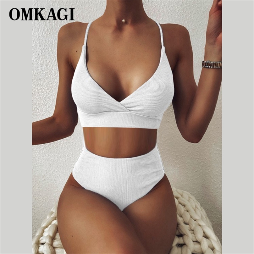 OMKAGI Women Swimsuit Ribbed High Waist Solid Black White Push Up Bikini Sets Swimwear Female with Padded Bathing Suit 210611