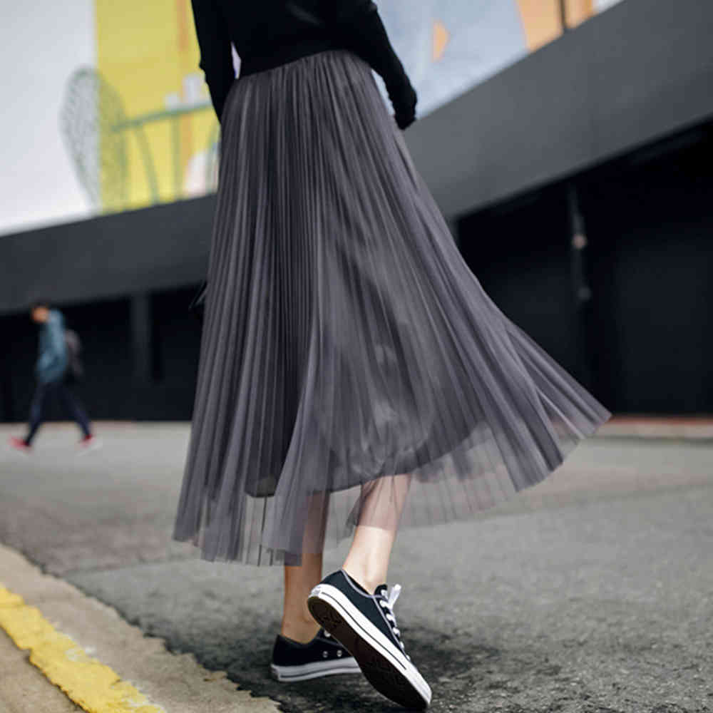 Gothic Style Lace Long Skirt Elegant Mesh Pleated A Line Korean Chic All-match Midi s High Waist 210428