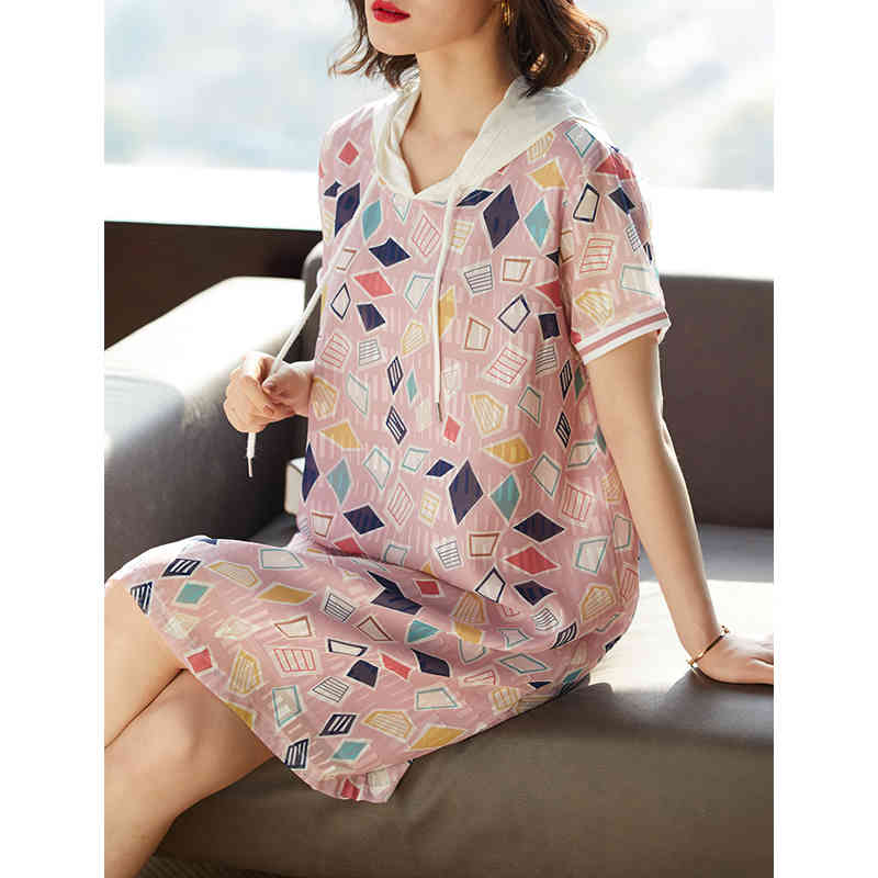Plus Size Hooded Geometry Printing Women Chiffon Spring Summer Short Sleeve Ladies Loose Medium Long TShirt Dress D12801X 210416