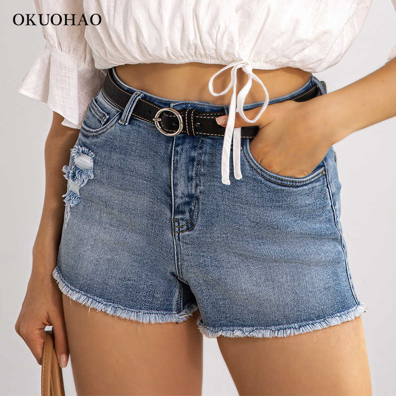 High Waist Denim Shorts For Women Summer Blue Ripped Elastic Jean Short Skinny Casual Female Washed Comfortable Shorts 210611