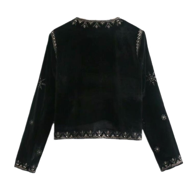 Spring Beading Sequins Embroidery Velvet Jacket Ethnic Women Round Collar Open Stitching Coat Black Outerwear 210429