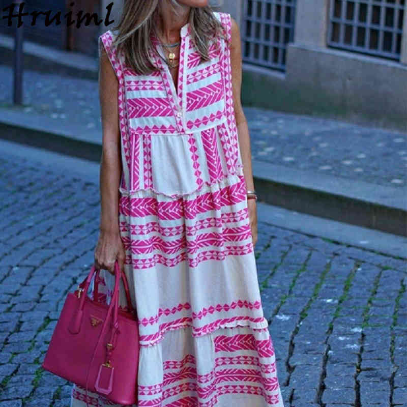 Long Dress for Women Fashion Print V Neck Sleeveless Female Maxi Casual Loose Beach Bohemian Summer Vestido Largo 210515