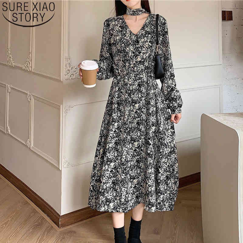 French V-neck Floral Long Dress Vintage es Women Marble and Leaf Print Autumn Winter Elegant es 13079 210506