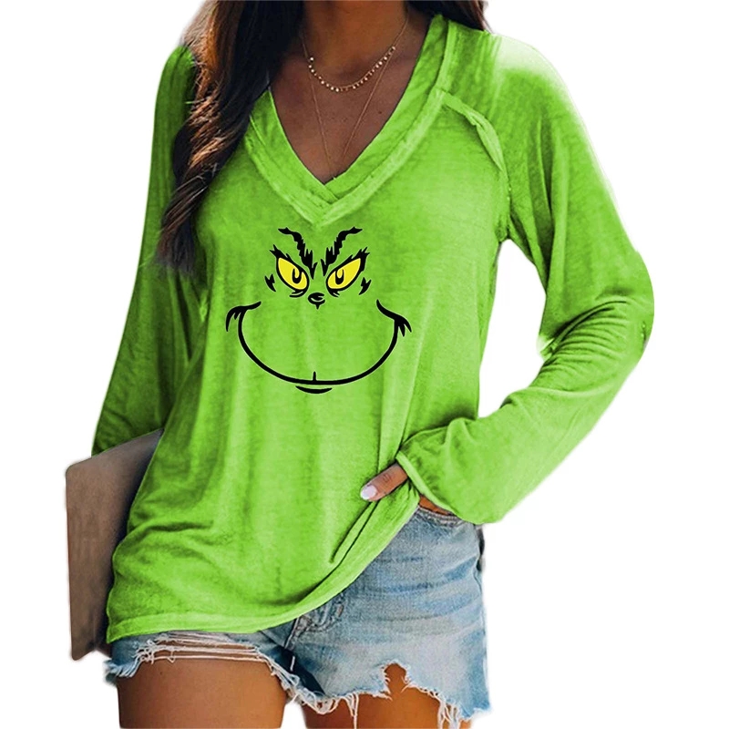2021 Christmas Grinch Women Tshirts Designer Tee Casual Loose V Neck Long Sleeve Green Autumn Tops Kawaii Cartoon Female Tees Plus Size, As picture
2021 Christmas Grinch Women Tshirts Designer Tee Casual Loose V Neck Long Sleeve Green Autumn Tops Kawaii Cartoon Female Tees Plus Size, As picture