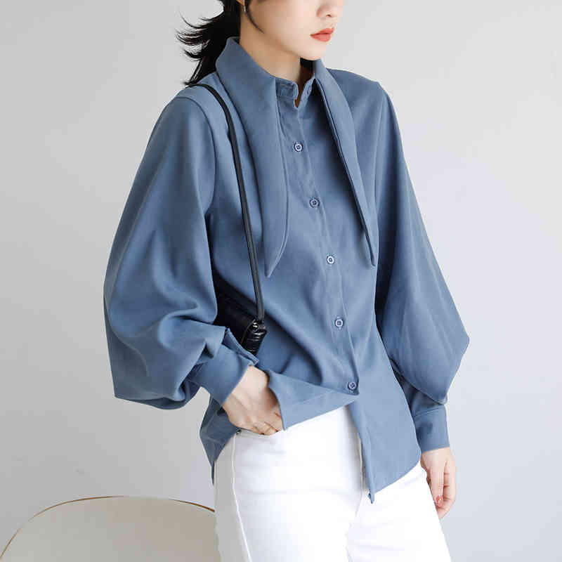 Blouse Women clothes Black Spring Winter Lantern Sleeve Shirt 's Loose Bow Long-sleeved Tops blusas 997E 210420