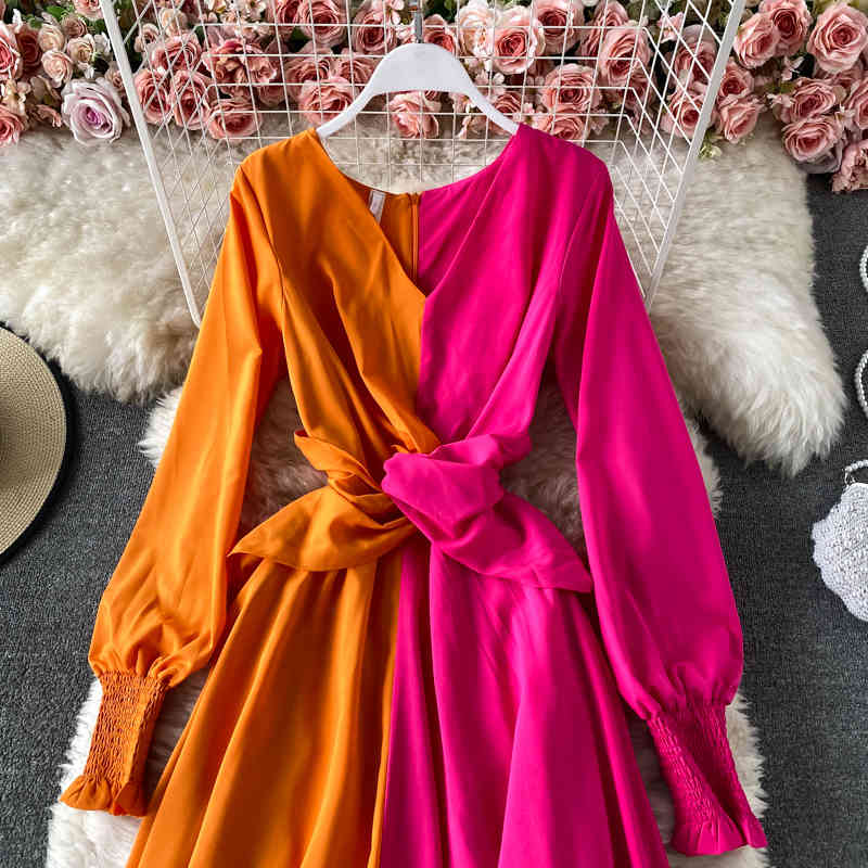 New Spring Summer Fashion Color Block Holiday Dress Women Lantern Sleeve V-Neck Contrast Fold Crossing Ladies Long Dress 210409