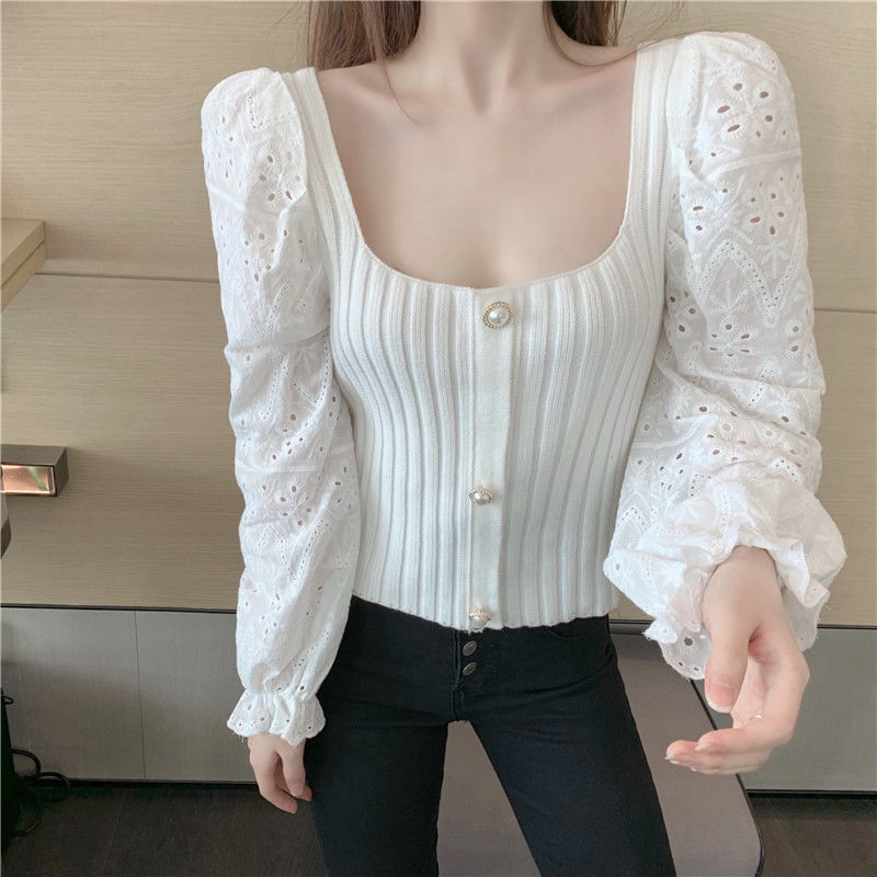 Nomikuma Korean Hollow-out Flare Long Sleeve Patchwork Knitted Tops Square Collar Women Slim Short Knitwear Coat New 6C846 210427