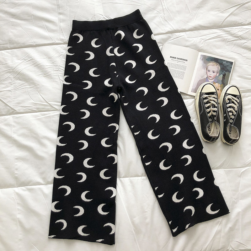 Nomikuma High Waist Knitted Women Pants Causal Korean Moon Printed Long Trousers New Fashion Sweater Wide Leg Pants 6E078 210427